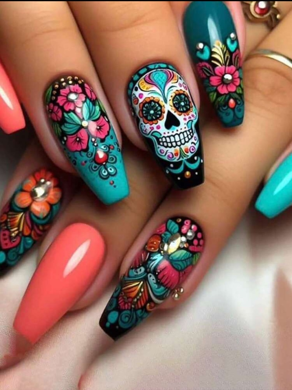 Vibrant Teal & Coral Sugar Skull Press-On Nail Set NEW 🏷️